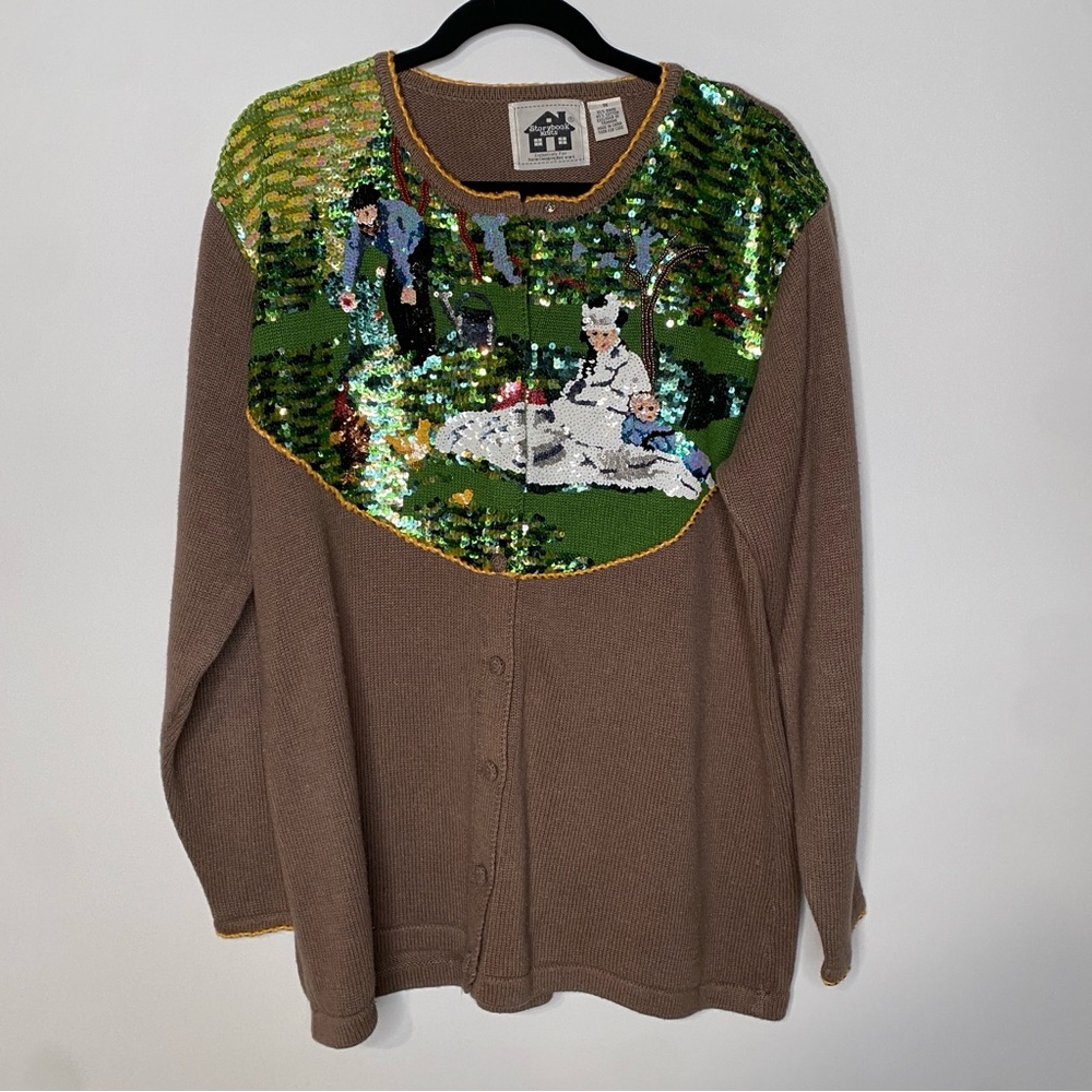 Vintage Storybook Knits Cardigan Sweater Manet’s Family Impressionism 1X Sequins